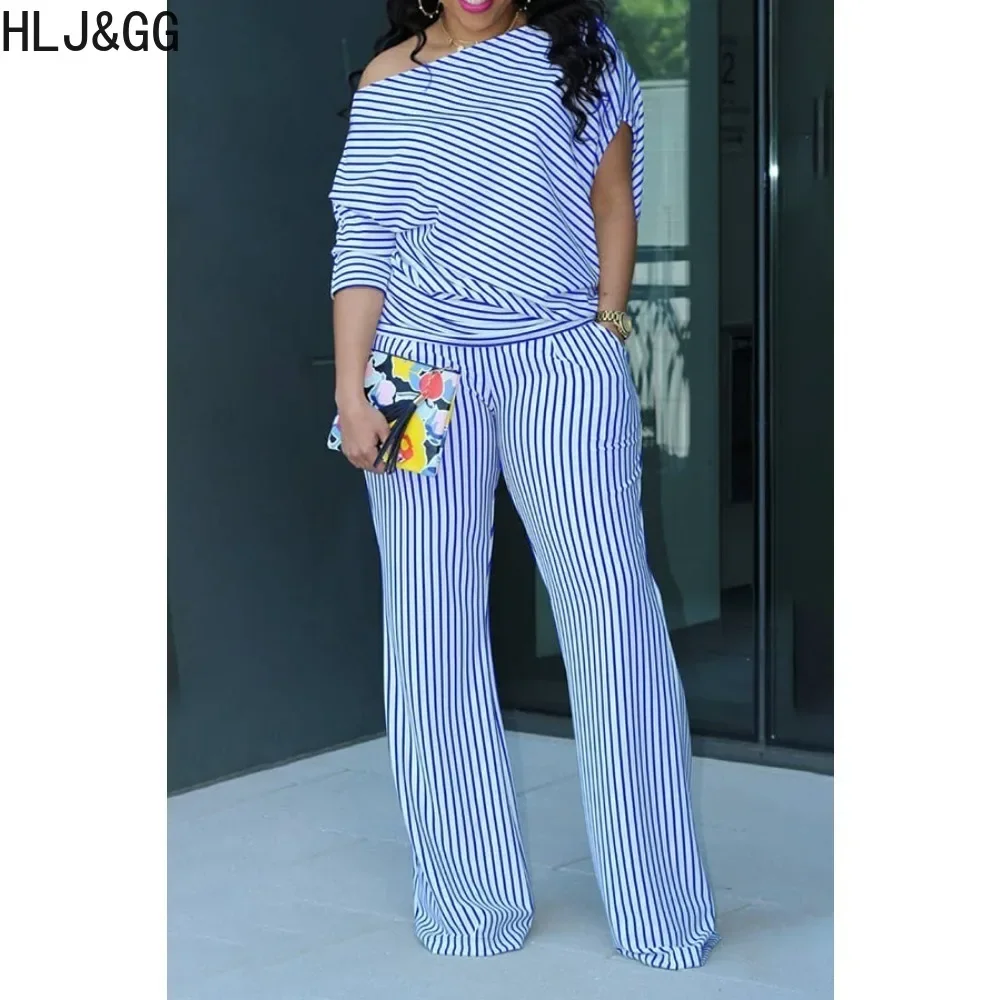 HLJ&GG Elegant Office Lady Stripe Print Two Piece Set Outfits Women One Shoulder Short Sleeve Top And Pants Female 2pcs Clothing
