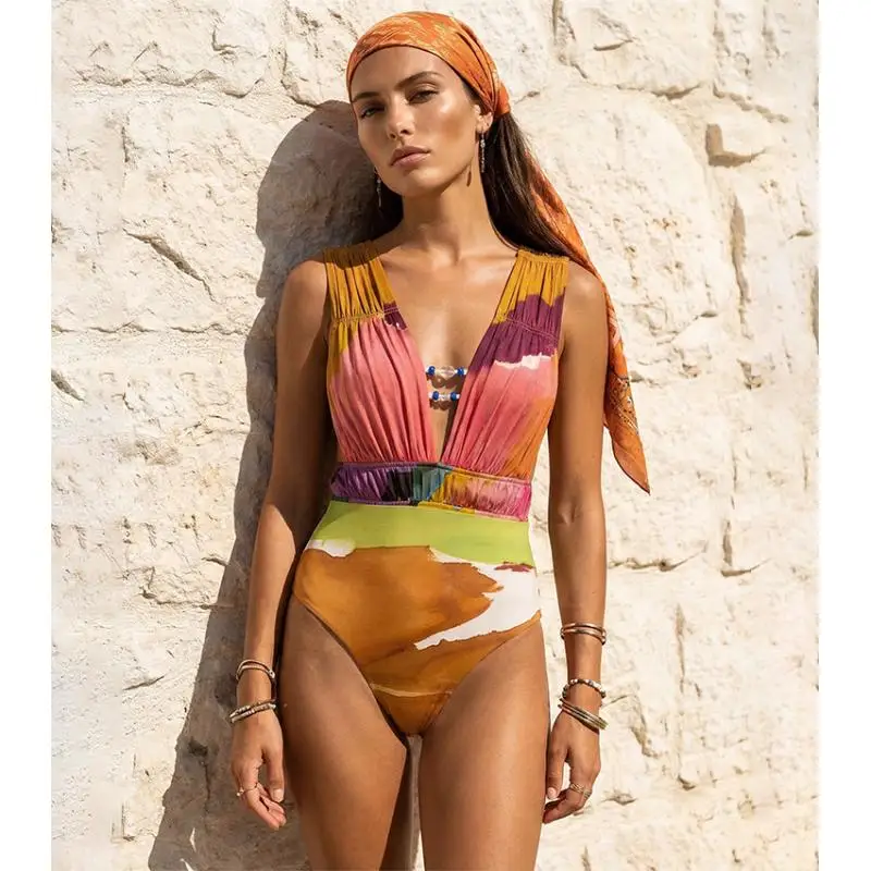 Flaxmaker 2026 Summer Spring Abstract Contrasting Color Print Swimsuit Sexy V Neck Party Swimwear Printed Swimsuit Beachwear