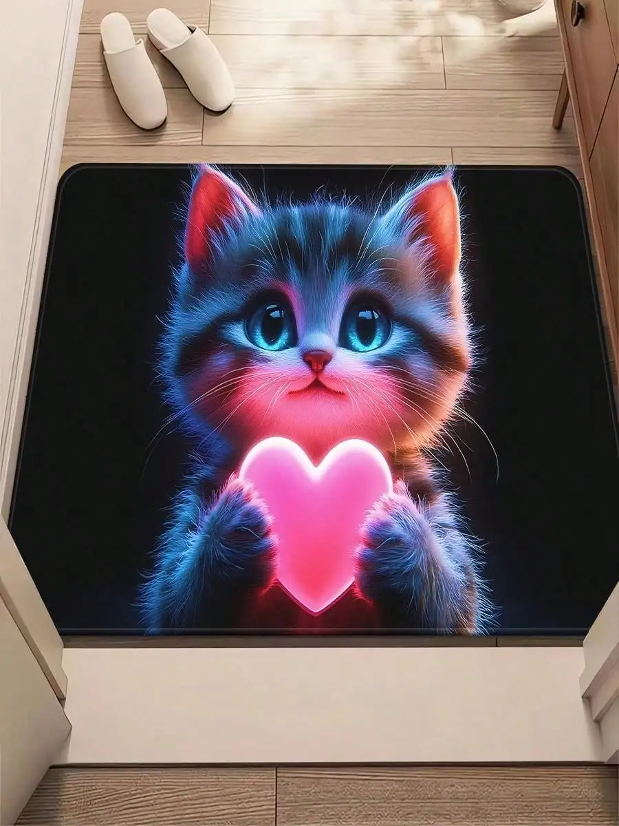Neon Cat Door Mat - Cute Kitten Holding Heart Light, Glowing Animal Floor Rug, Modern Bedroom Carpet, Non-Slip, Multiple Sizes