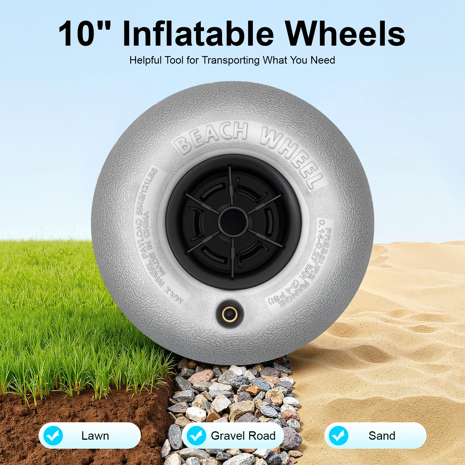 

2 Pack Beach Inflatable Wheels - 10" Low-Pressure Sand-Terrain Cart Wheels, 88Lbs Load Capacity, Durable PVC & PE Hub