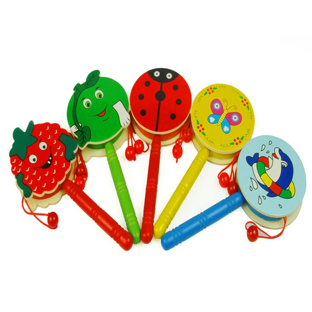 3Pcs Wooden Rattle Drum Bright Color Patterns Rotate Handle Sound Making Baby Instrument Early Hand Coordination