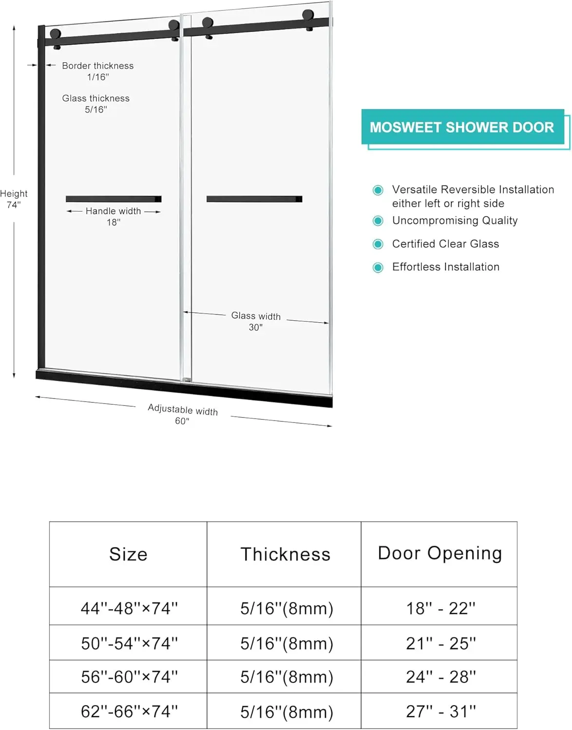 Milano Double Sliding Shower Door, 60 in. W x 74 in.H Framed Shower Door 5/16"(8mm) Clear Tempered Glass, 18 inch Pull Handle