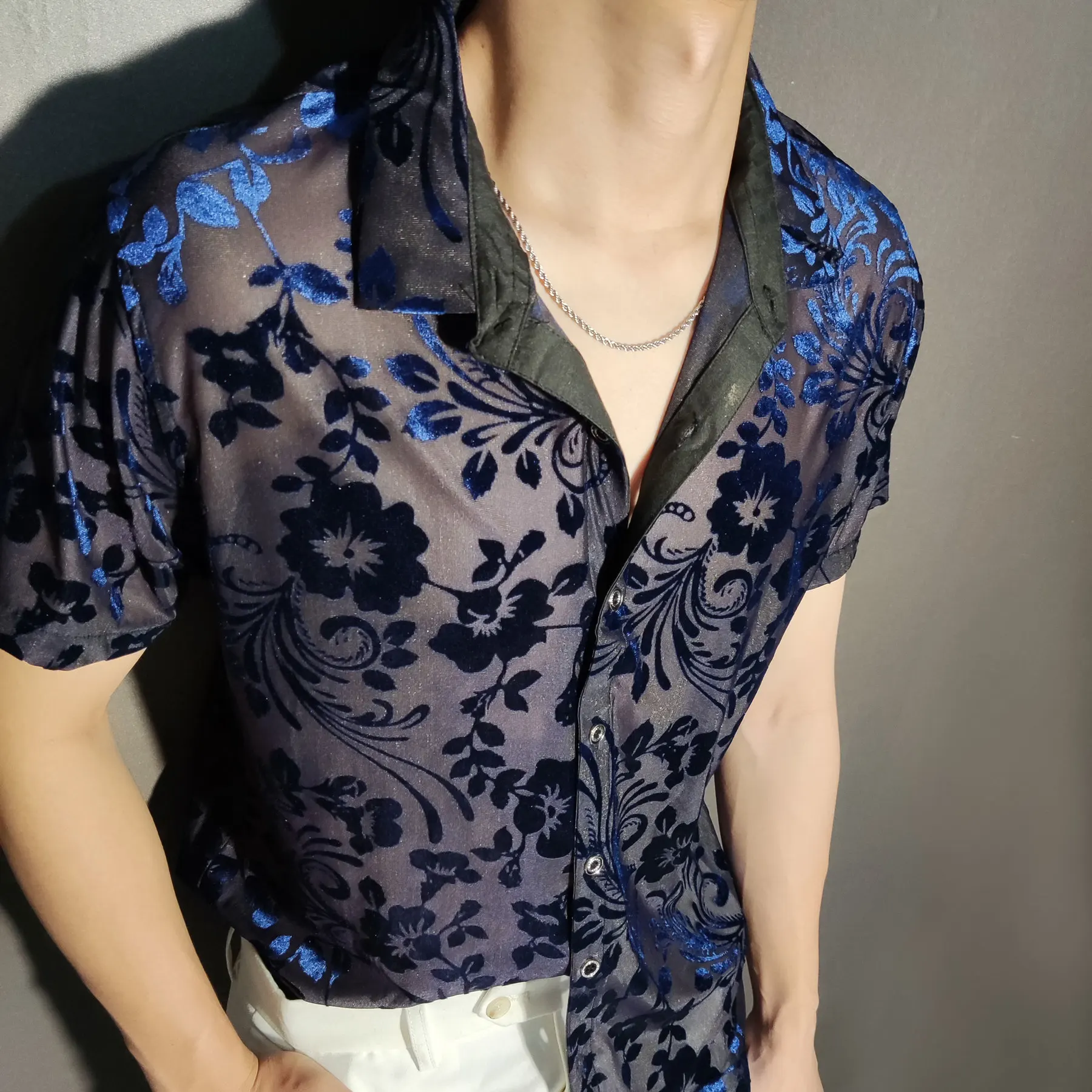 Men Sexy Abstract Art Shirt Fashion Transparent Black Gold Shirt Casual Nightclub Shirt Top See Through Stylish Shirts For Men