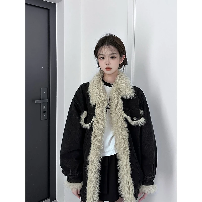 MEXZT Streetwear Fleece Denim Jacket Women Faux Fur Patchwork Jeans Coat Winter Y2K Vintage Korean Black Oversized Thick Outwear