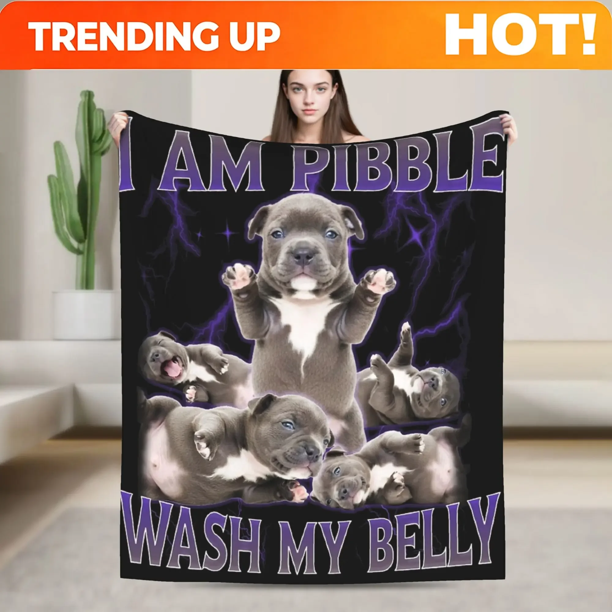 Custom Funny Pibble Meme Wash My Belly Blanket Multi-size Warm Cozy Fluffy Throw Blankets For Couch Sofa And Bed