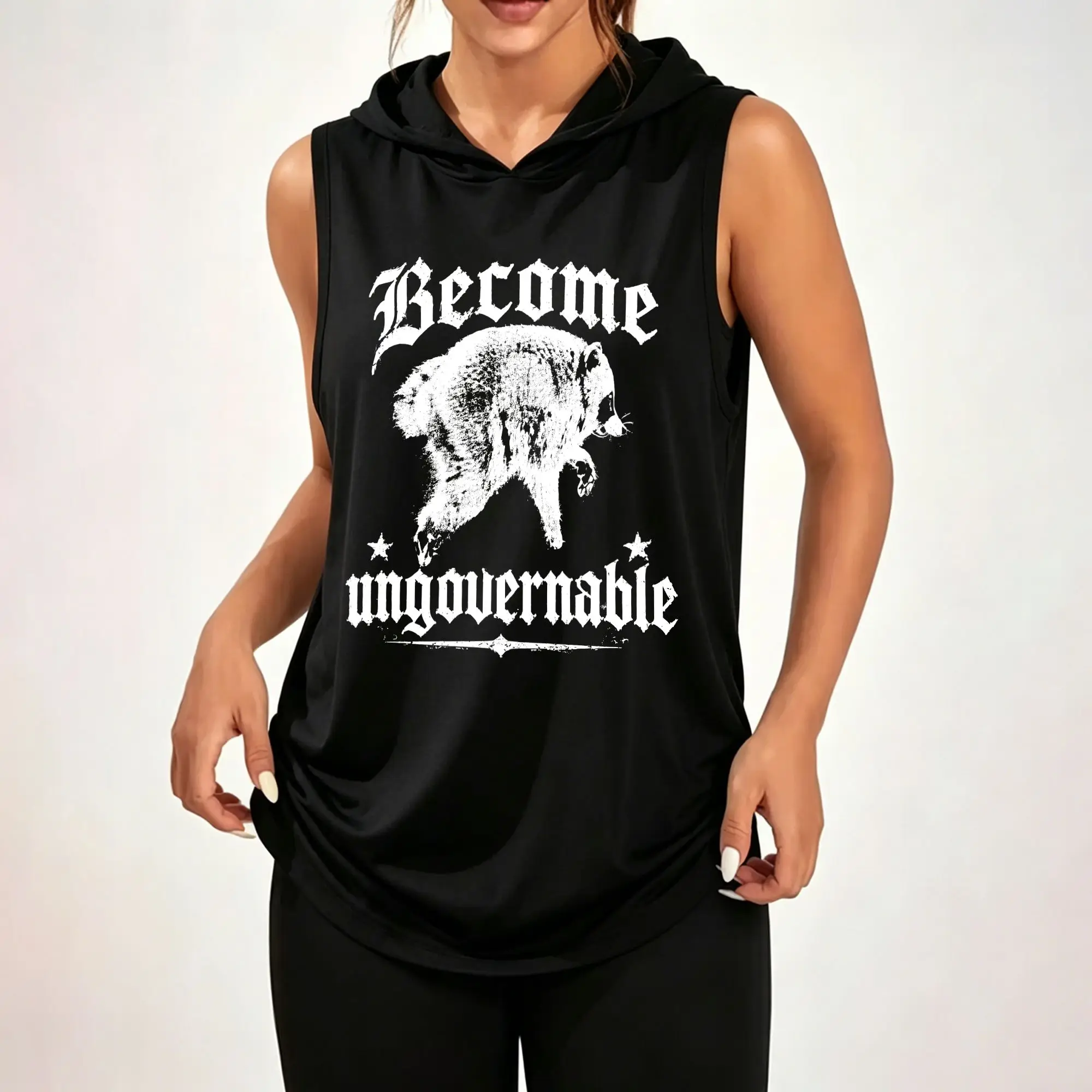 Women's Sleeveless Hoodie, Become Ungovernable Raccoon Gothic Letter Print Casual Hooded Tank Top