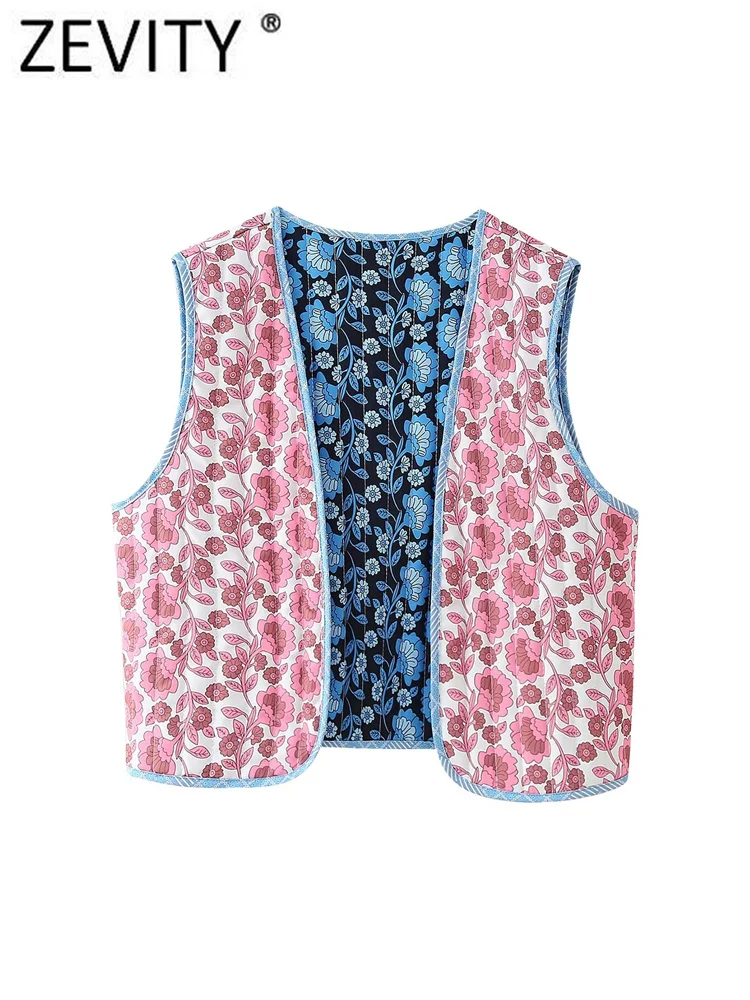 Zevity 2024 Women Fashion V Neck Flower Print Quilted Short Vest Jacket Lady Two Sides Wear Bow Tied Crop WaistCoat Tops CT7149