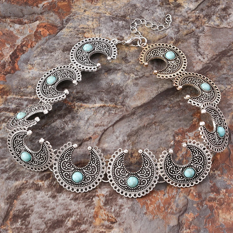 Ethnic Antique Silver Color Moon Choker Necklaces for Women Boho Turquoise Necklace Girls Party Jewelry Gifts