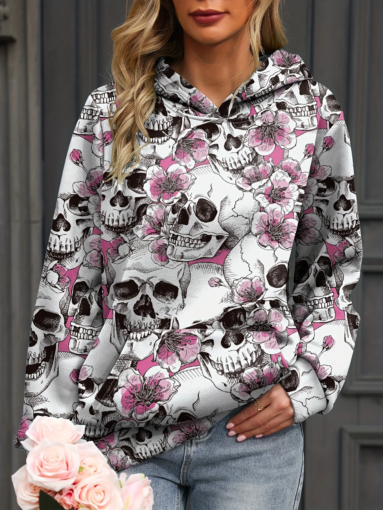 Casual Sweatshirt,  Halloween theme Women's Floral Skull Print Long Sleeve Hooded Slight Stretch Sweatshirt With Kangaroo Pocket