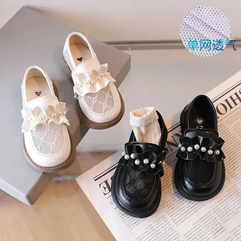 Children Leather Shoes 2023 Summer New Fashionable Single Mesh Breathable Embroidered Pearl Girls Princess Sweet Shoes