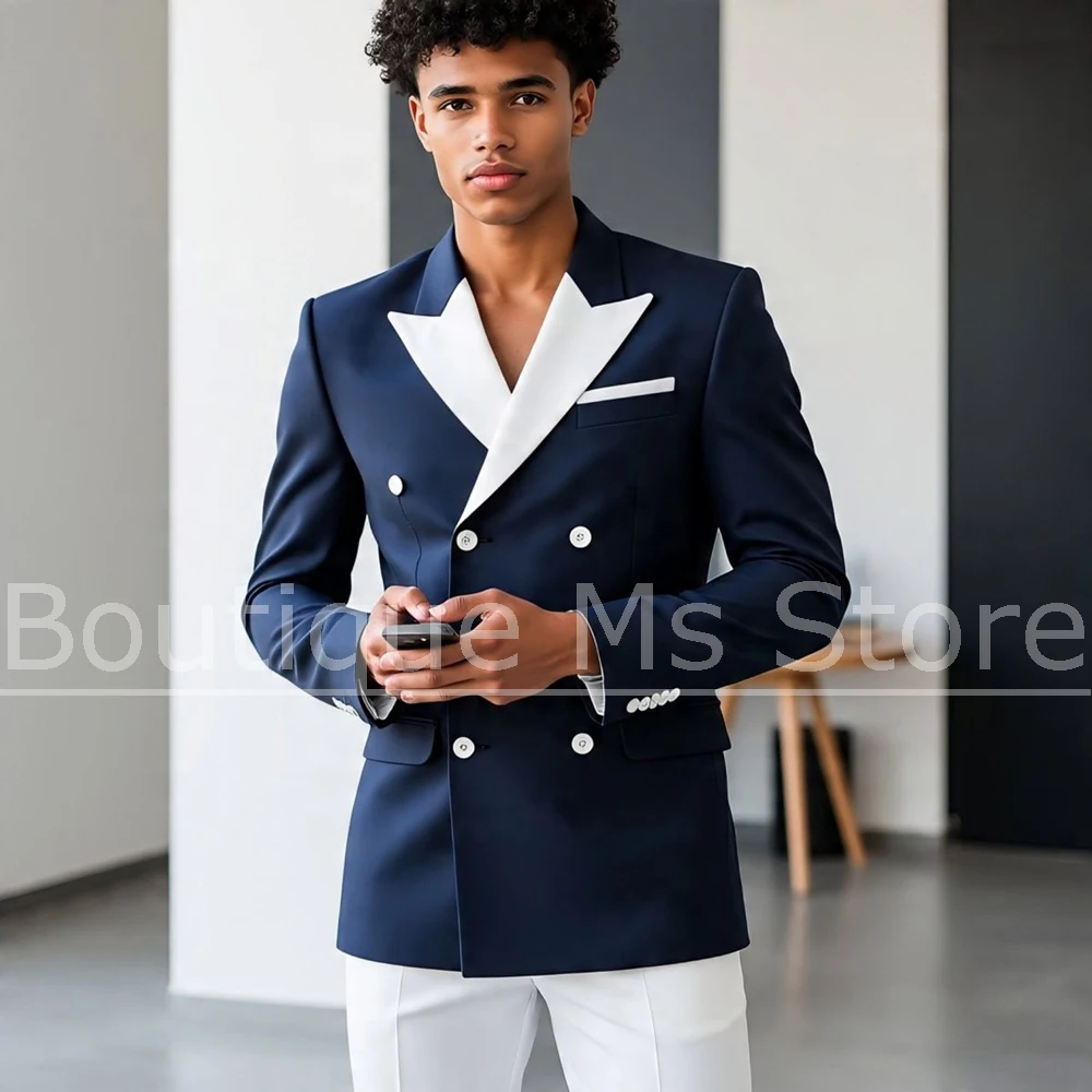 

Мужской костюм из двух предметов, темно-синий двубортный пиджак с белыми брюками, официальная одежда для вечеринки, жениха, свадьбы, модный мужской костюм