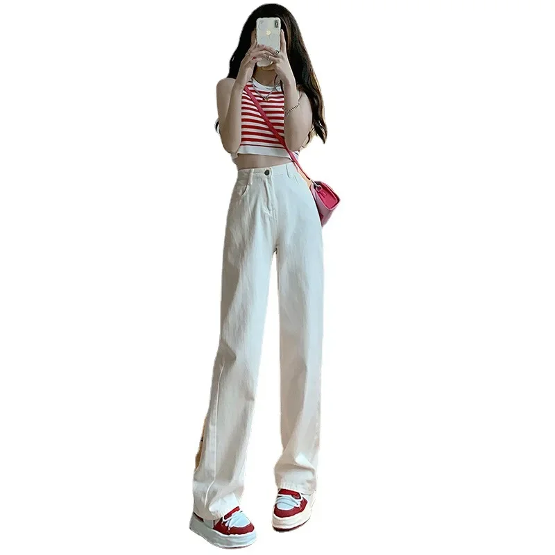 2025 New Vintage White Slim Fit Straight Jeans Y2K Women's Spring Autumn High Waist Slim Small Stature Drapey Floor-Length Pants