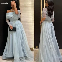 Amanda Satin Off the Shoulder A-Line robes de soirée Sleeve Floor-Length Evening Dresses Cocktail Party Simple Wedding Dress