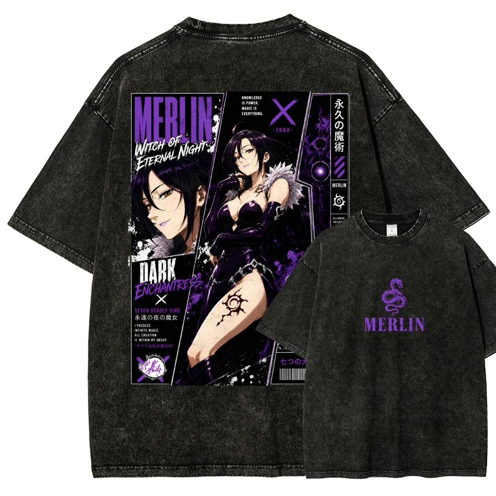 Seven Deadly Sins Washed T-shirt Oversized Unisex Print shirts for Men Women Fashion Hip Hop Street Retro Fashion Trendy Cotton