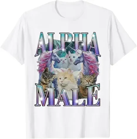 ألفا ذكر يونيكورن القط السخرية تي شيرت تقليدي ريترو ستايل خمر قائلا المحملة قصيرة الأكمام الساخرة نكتة قائلا المحملة الراب Y2k