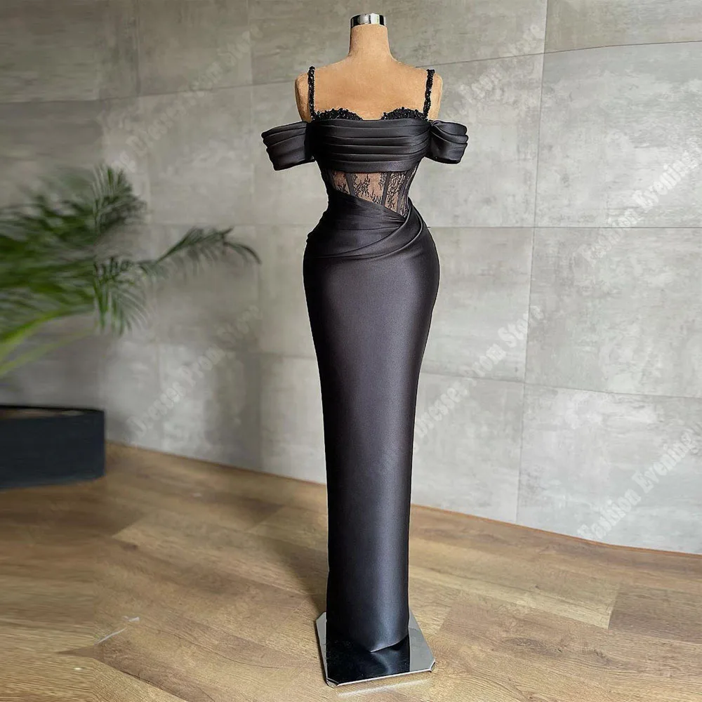 Black Off The Shoulder Satin Women Sexy V-Neck Dresses Customized Mermaid Long Sleeved Strap Fascinating Mopping Evening Dresses