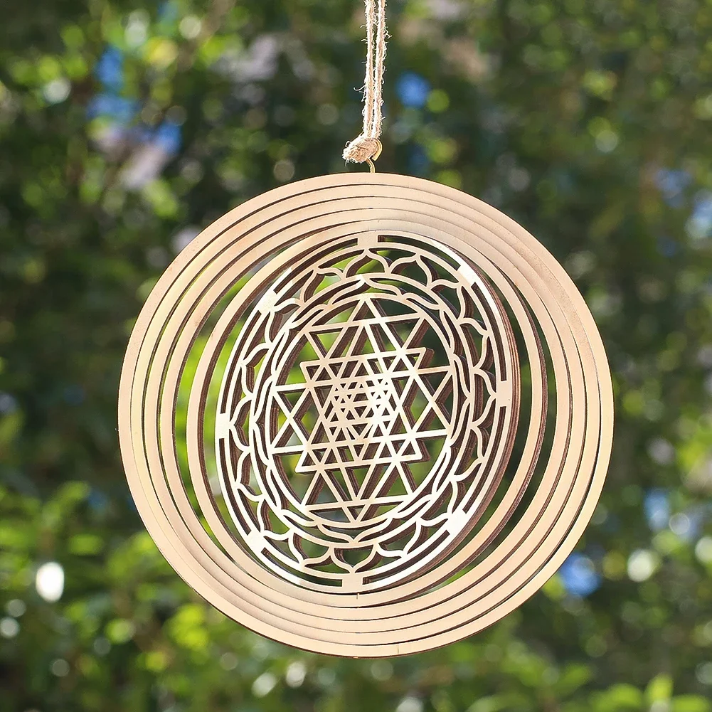 

Geometric Wooden Wind Spinner 3D Multi-Ring Design Skeleton Laser Cut Openwork Hanging Ornament Home Outdoor Meditation Decor