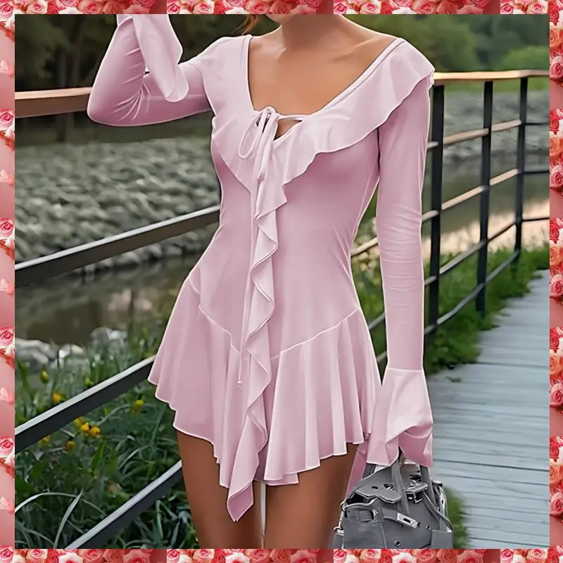 Vestido feminino de manga comprida com decote em V, ombro de fora, babado, em camadas, bodycon, mini vestidos