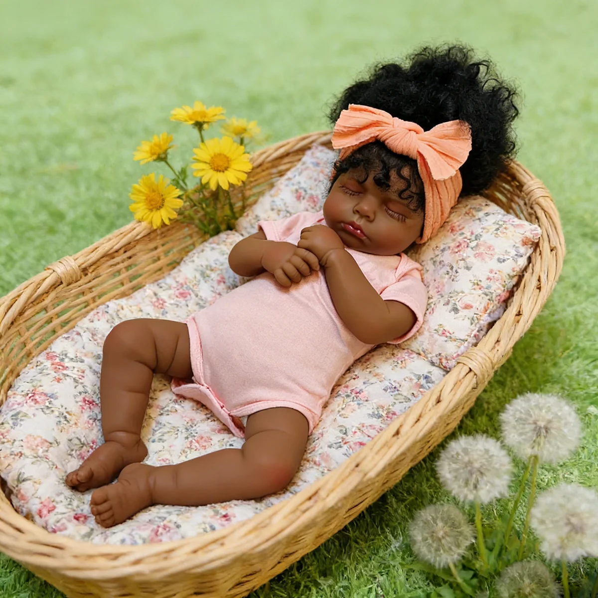 19 inch LouLou herboren pop donkere huid zacht stoffen lichaam, levensechte pasgeboren met meerdere lagen schilderen 3D huid handwortel krullend haar
