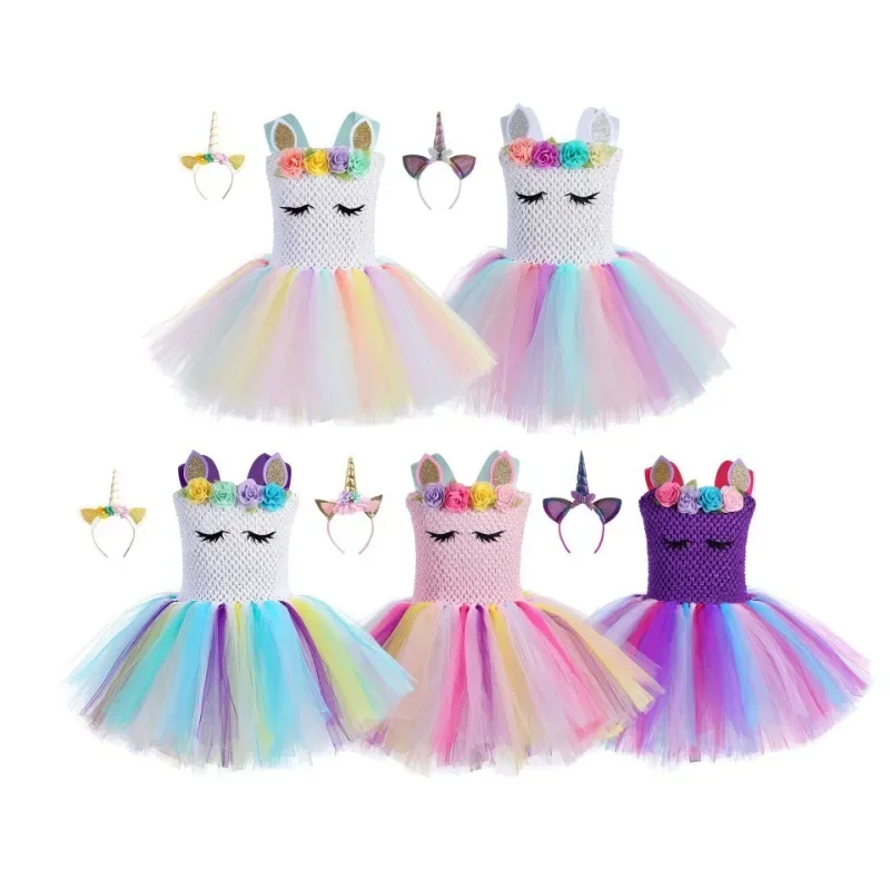 Princess Girls Unicorn Tutu Dress Outfits Pastel Flower Baby Girl Birthday Party Dresses Tulle Kids Halloween Cosplay Costumes