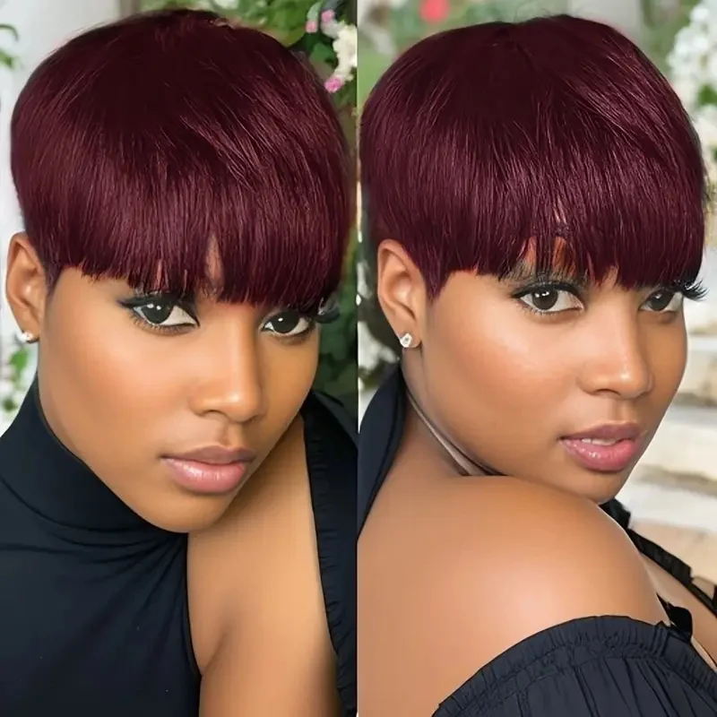 짧은 픽시 컷 가발 인모 여성용 검정색 풀머신 숏 스트레이트 가발