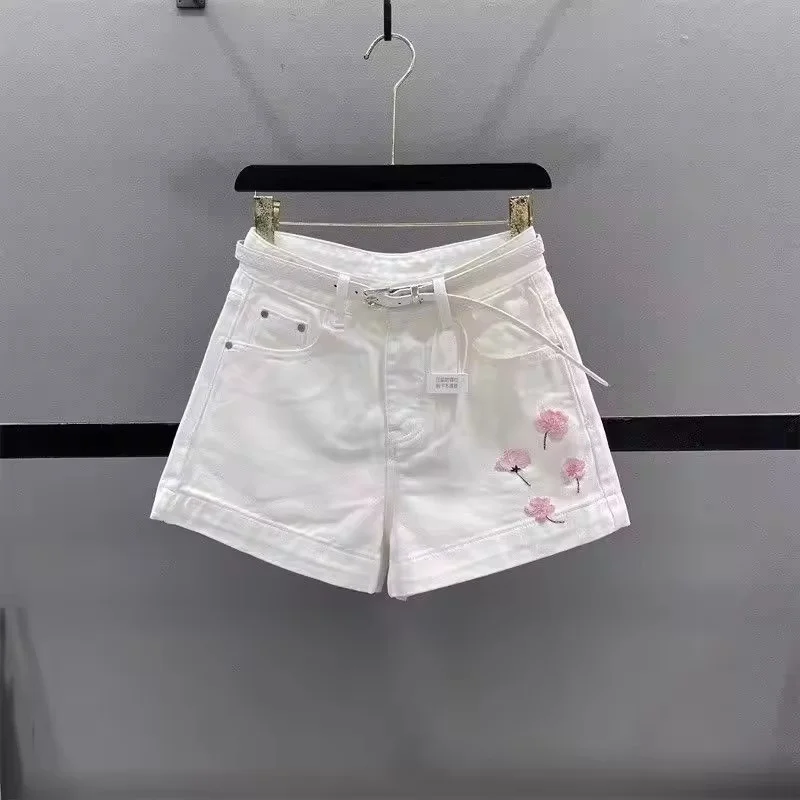 

2026 Summer White Embroidered Flowers Design Denim Shorts Pants Female High Waist Slim Casual Joker A Wide-leg Shorts Ladies