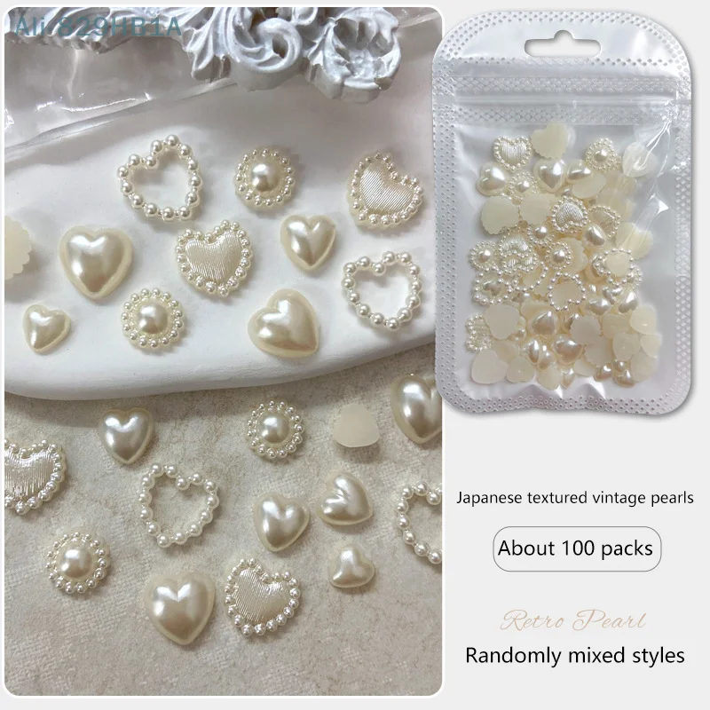 Mélange de perles et de biscuits pour ongles, bijoux en forme de cœur, demi-rond, 3D, multi-forme, accessoires faits à la main, DIY bricolage, 100 pièces/sac