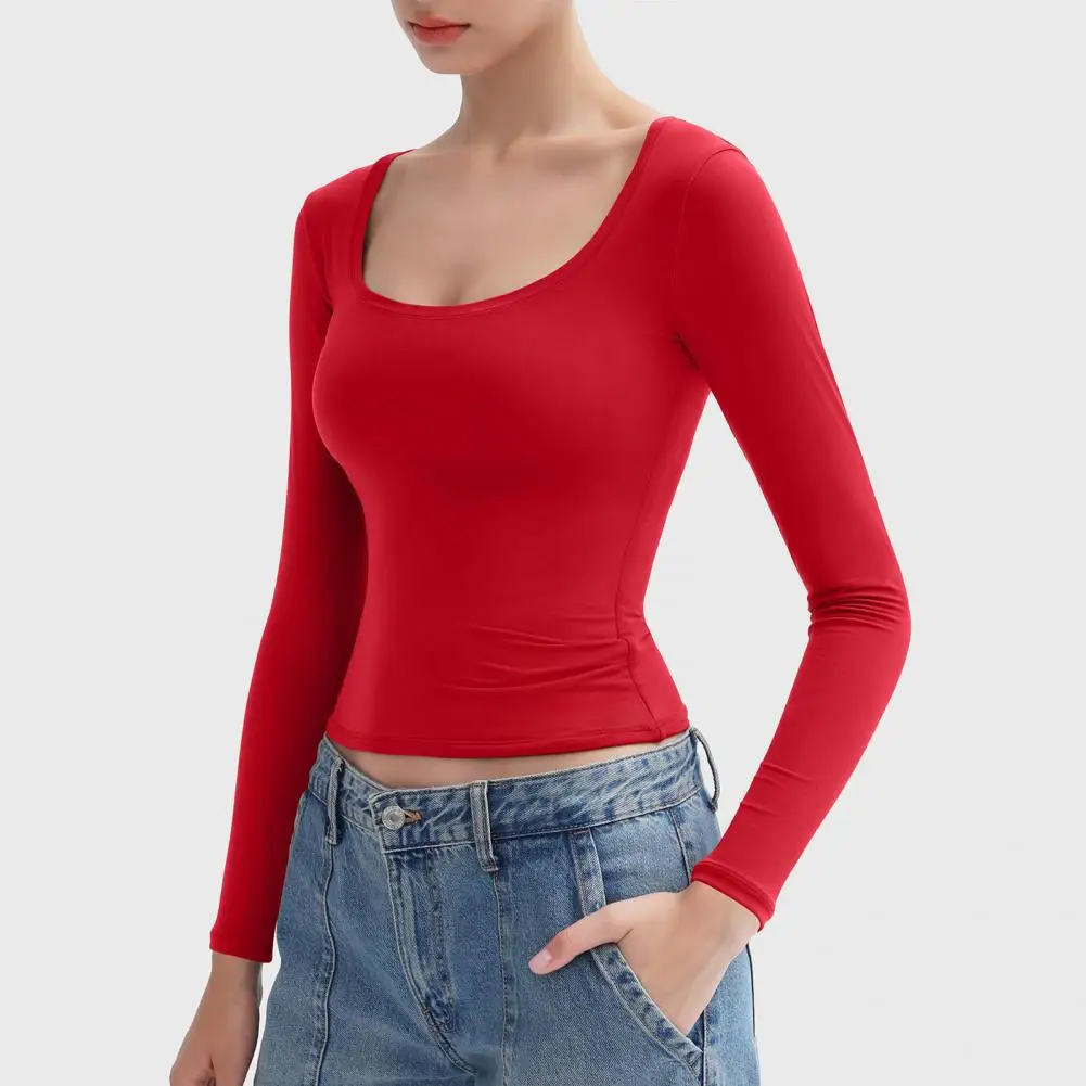 T-Shirt im klassischen Design für Damen, U-Ausschnitt, lange Ärmel, schmale Passform, Pullover, Oberteile, einfarbig, hochelastische Bluse für vielseitigen Stil