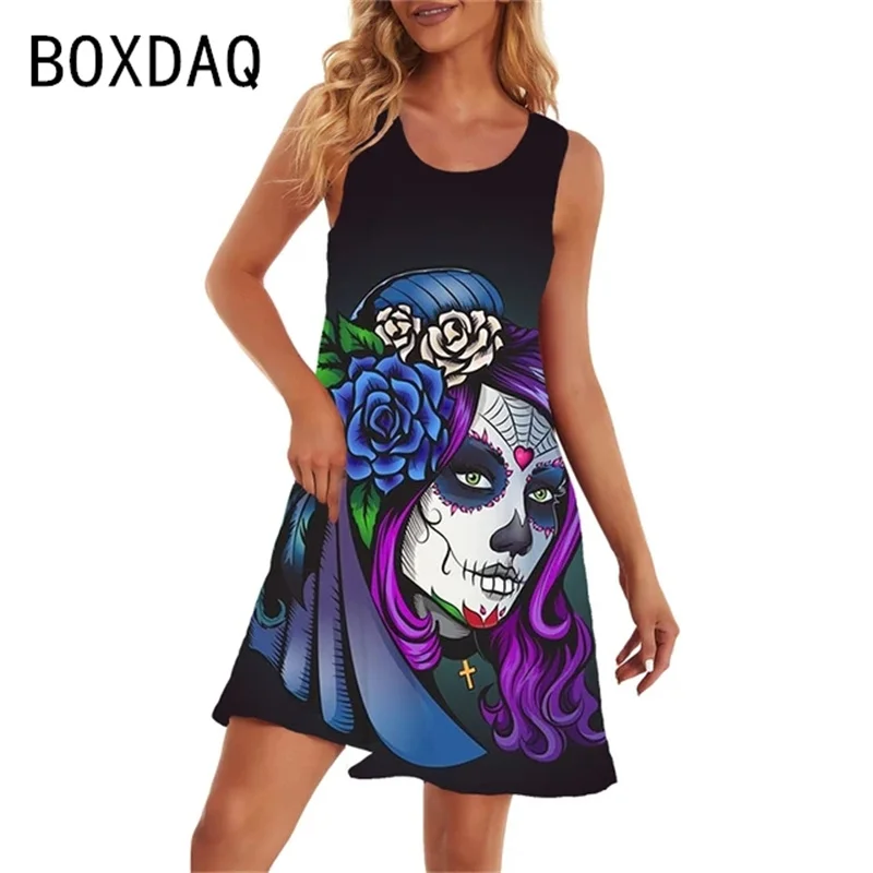 Summer Sleeveless Beach Dress 3D Colorful Skull Print A-Line Dress S-6XL Big Size Casual Loose Knee-length Dress Vestidos