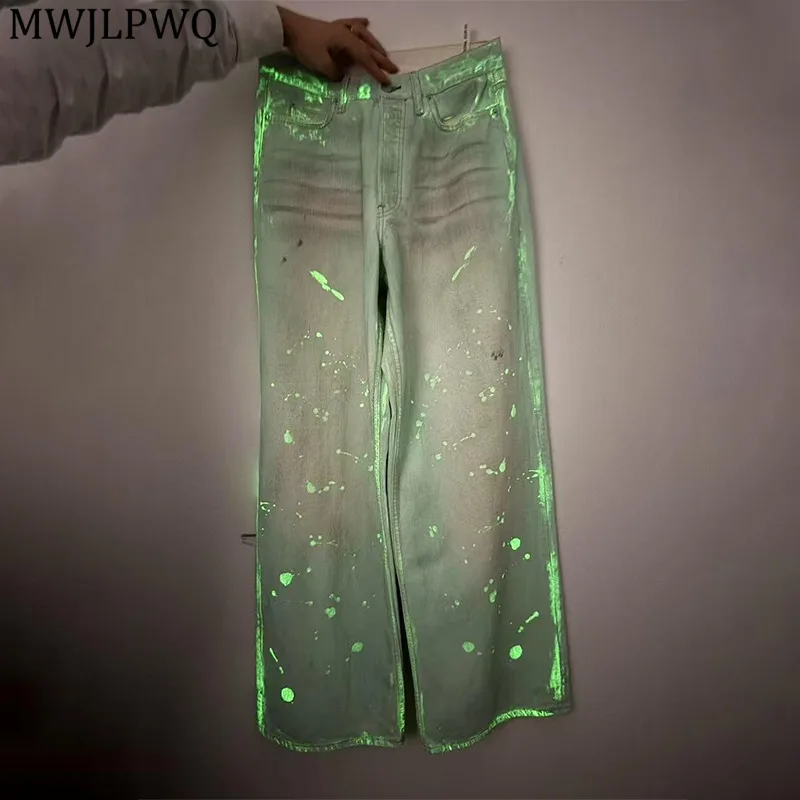 

MWJLPWQ винтажные джинсы в стиле хип-хоп с зеленым флуоресцентным покрытием, окрашенные грязью, мужские прямые повседневные брюки унисекс, Tide 21055