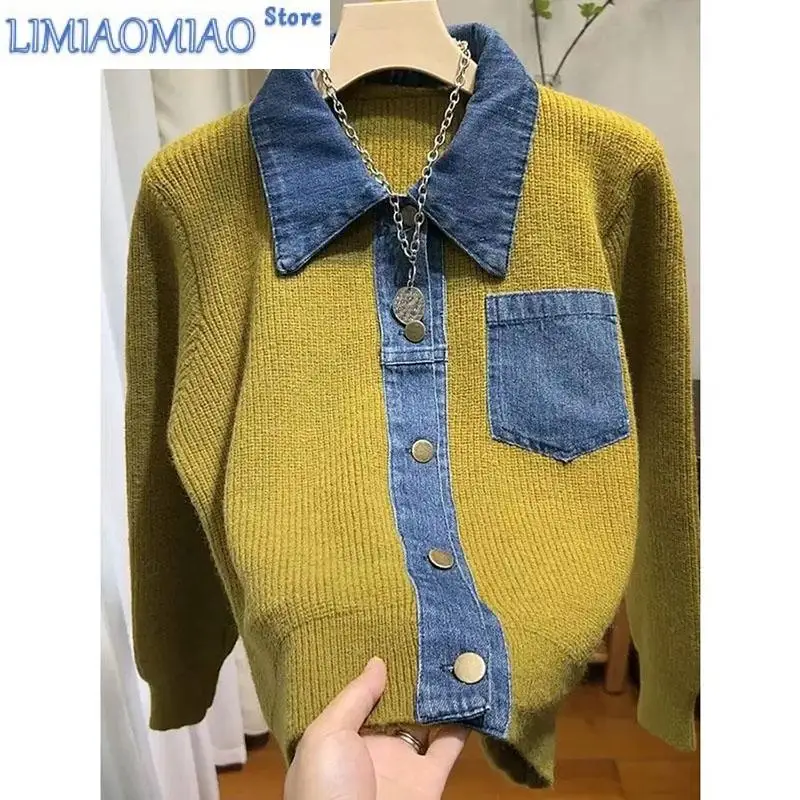 

Design Sense Polo Neck Denim Stitching Sweater Women Early Autumn Winter Blouse Loose Fashion Long Sleeve Female Sweater