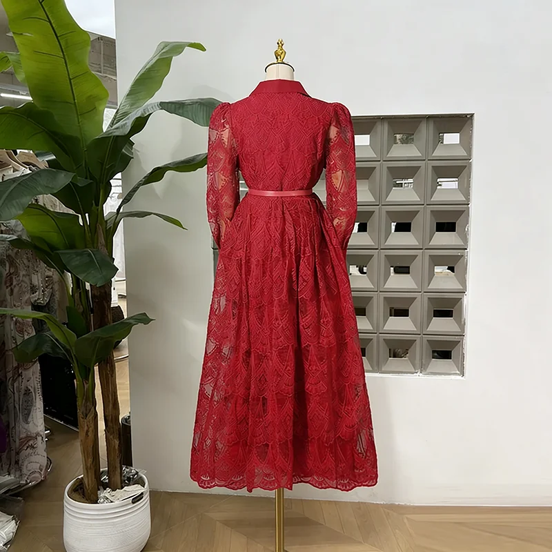 KBQ-vestidos sexis de encaje liso con apliques empalmados para mujer, vestido calado con temperamento de cintura alta y manga larga con cuello en V para mujer