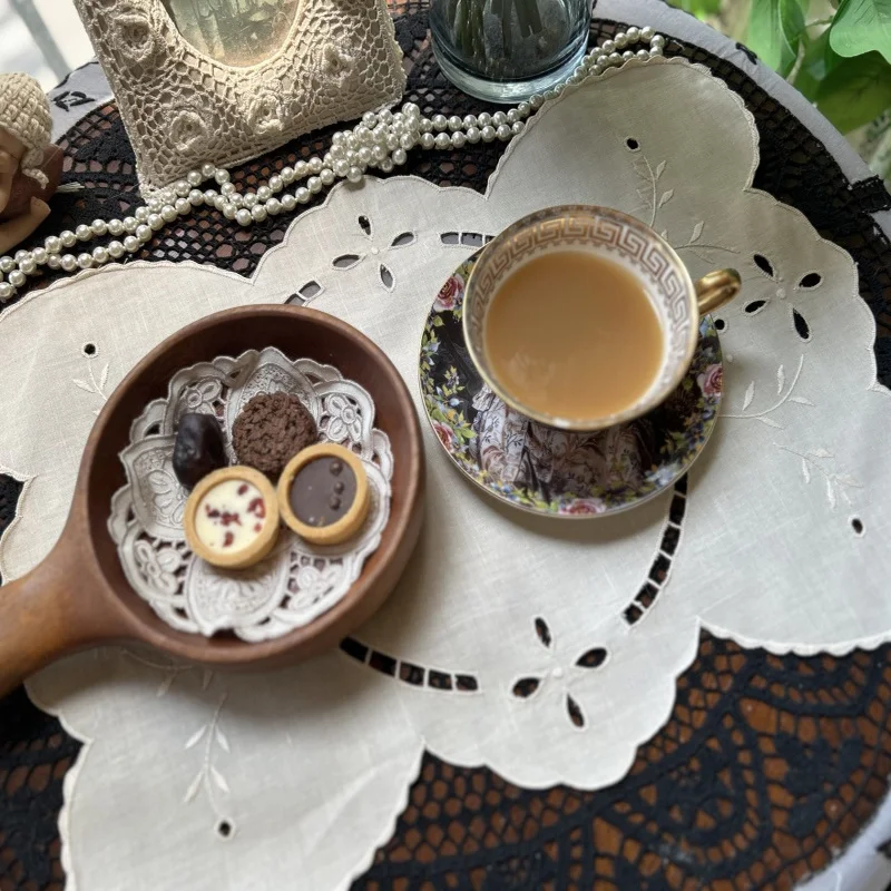 2 peças toalha de mesa bordada à mão de algodão e linho bege, toalha de chá e lenço decorativo