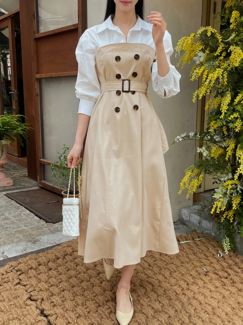 Double Breasted Vestidos Mujer 2025 Women Dresses Fake Two Piece Dress Laple Long Sleeve Vestido Korean Chic Tunic Robes