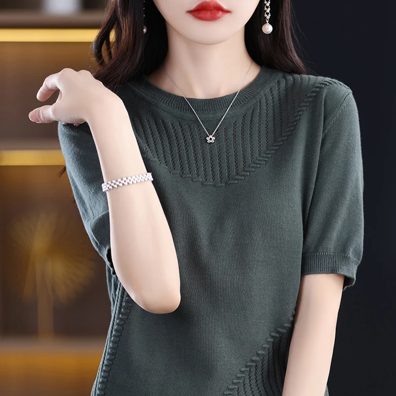 Summer New Pure Cotton Women's Round Neck Solid Color Hollow Out T-Shirt Fashion Casual Loose Thin Soft Top Short Sleeve