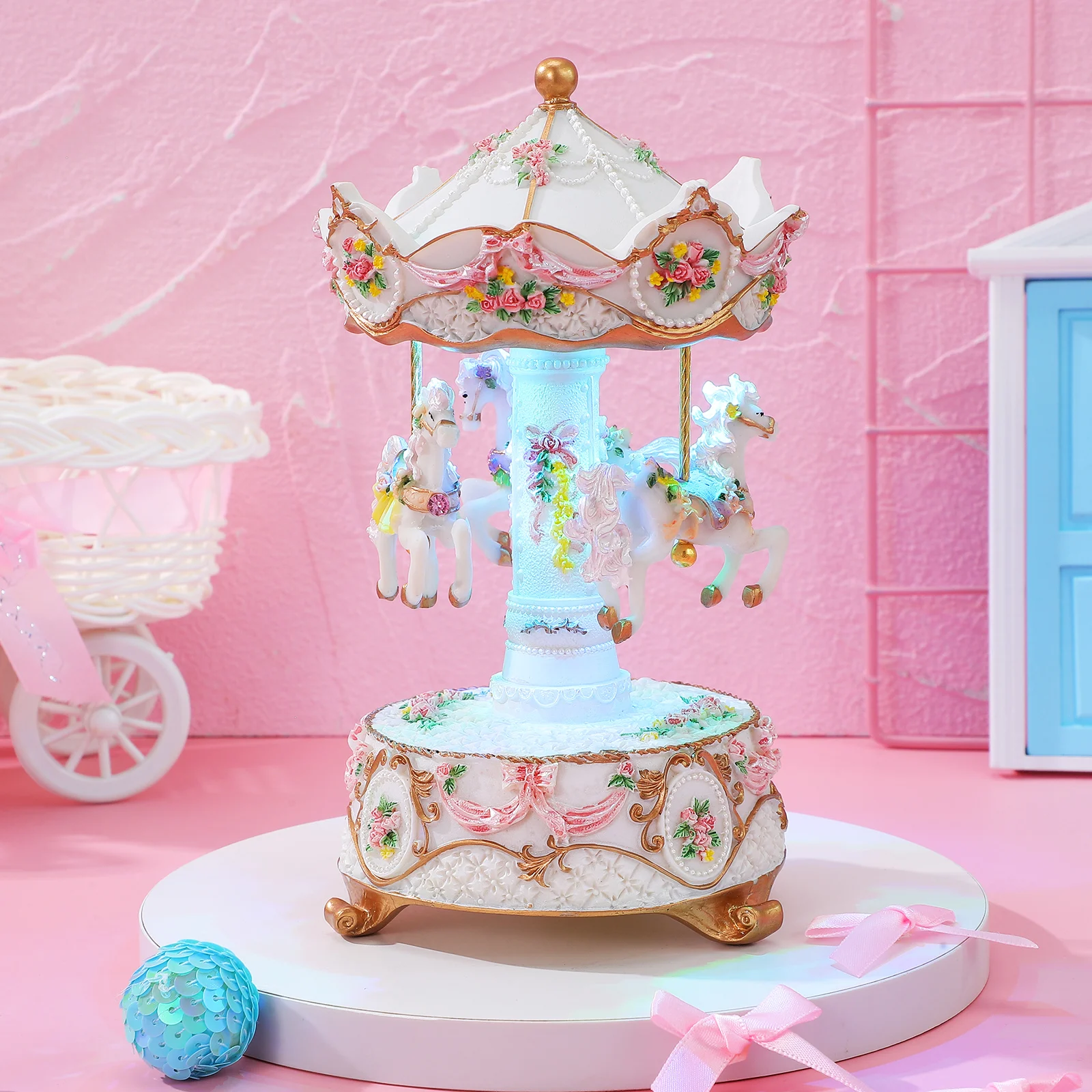 Vintage Carousel Music Box with Rotating Figures