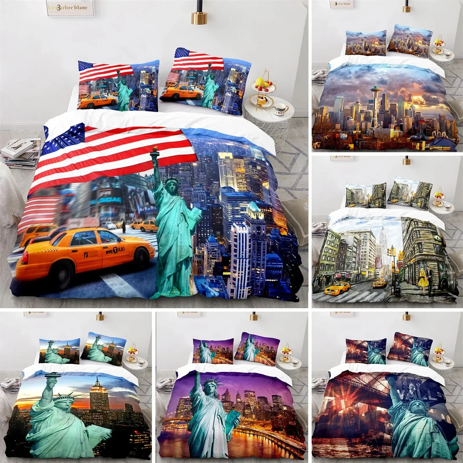 Statue of Liberty Duvet Cover King Size Microfiber World Famous Building Bedding Set New York Landmark Cityscape Comforter Cover