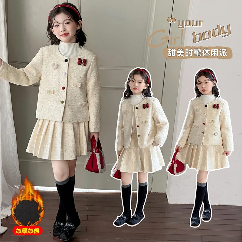 

new years chic red teen girl skirts clothes set Thick cotton jacket+pleated skirt 3pcs junior kid Christmas suit child outfits