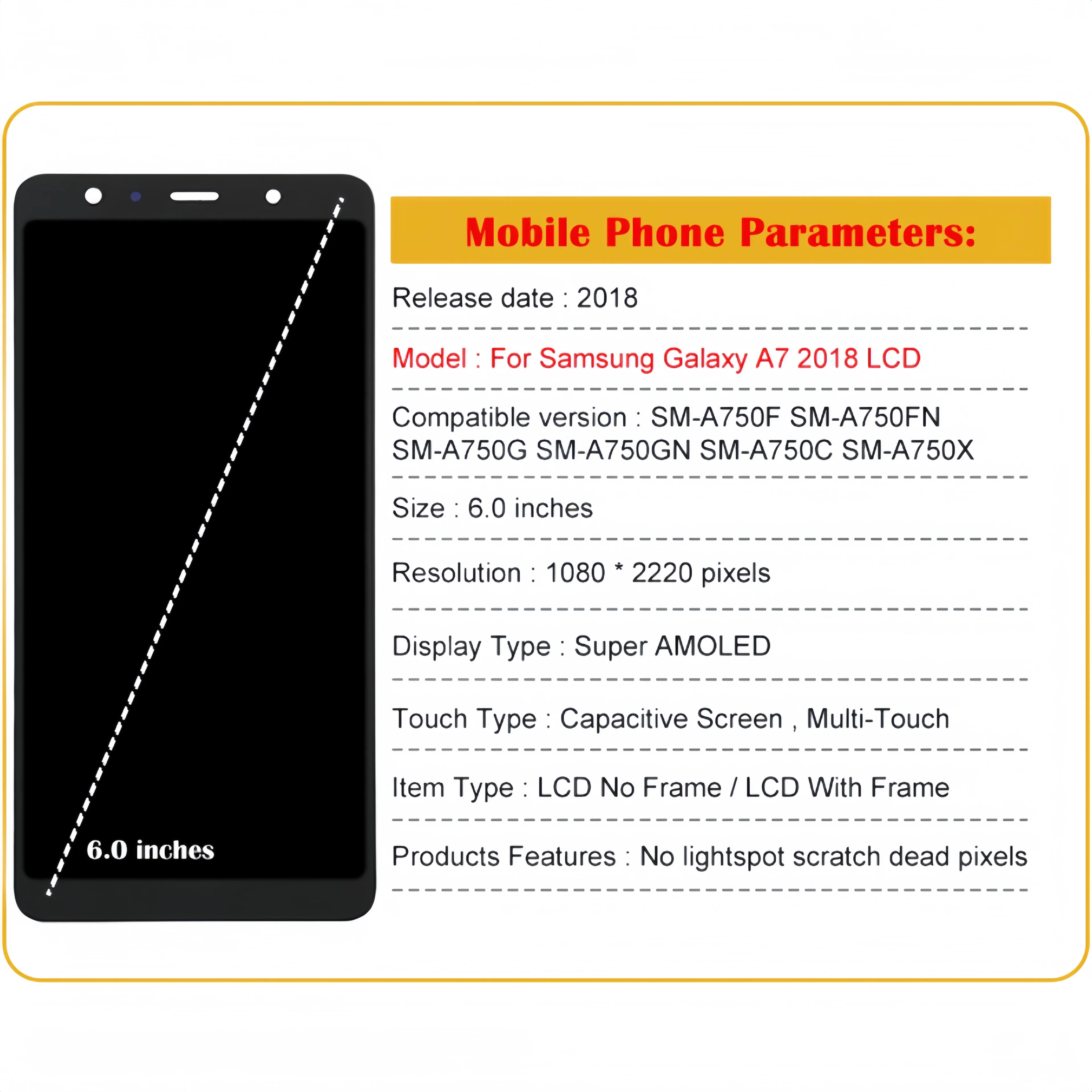 LCD Display Touch Screen Digitizer Assembly Replacement, Samsung Galaxy A7 2018, SM-A750F, A750FN, A750G, A750GN, A750C, A750X