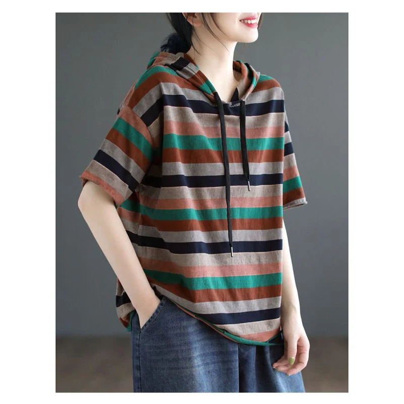 Women Summer Vintage Fashion Large Size Hole Striped Loose Short Sleeve Tee Shirt Ladies Casual Lacing Fashionable Hoodies