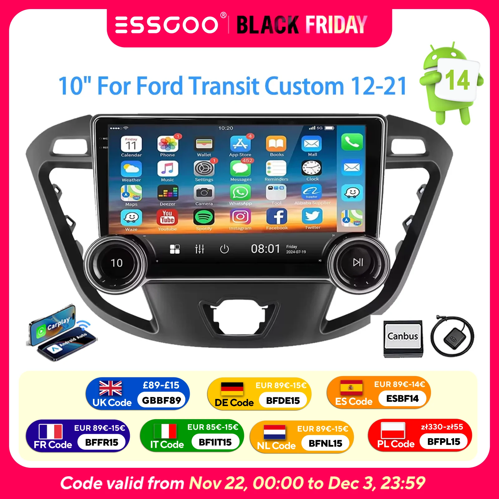 ESSGOO 2 Din 10 Display IPS Touch Android 14 per Ford Transit Custom 2012-2021 Autoradio CarPlay Android Auto GPS Navigazione WiFi BT FM RDS Mirror Link Lettore Multimediale Video