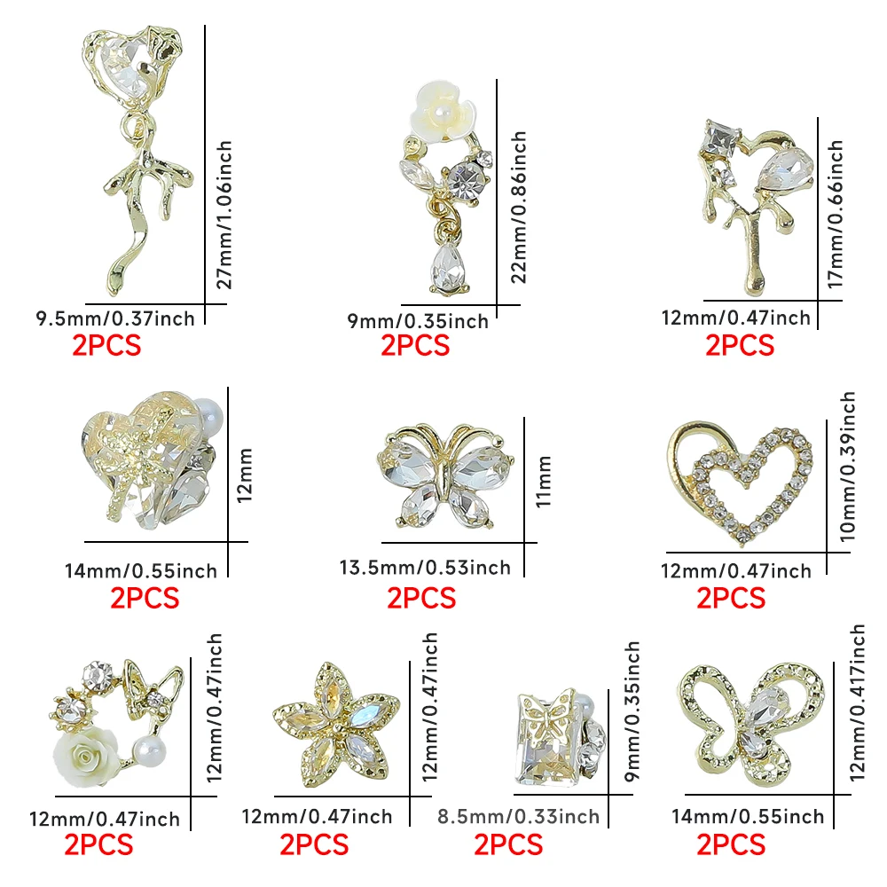 20Pcs 골드 실버 나비 하트 크리스탈 라인 석 3D 합금 꽃 다이아몬드 네일 참 DIY 럭셔리 보석 매니큐어 장식