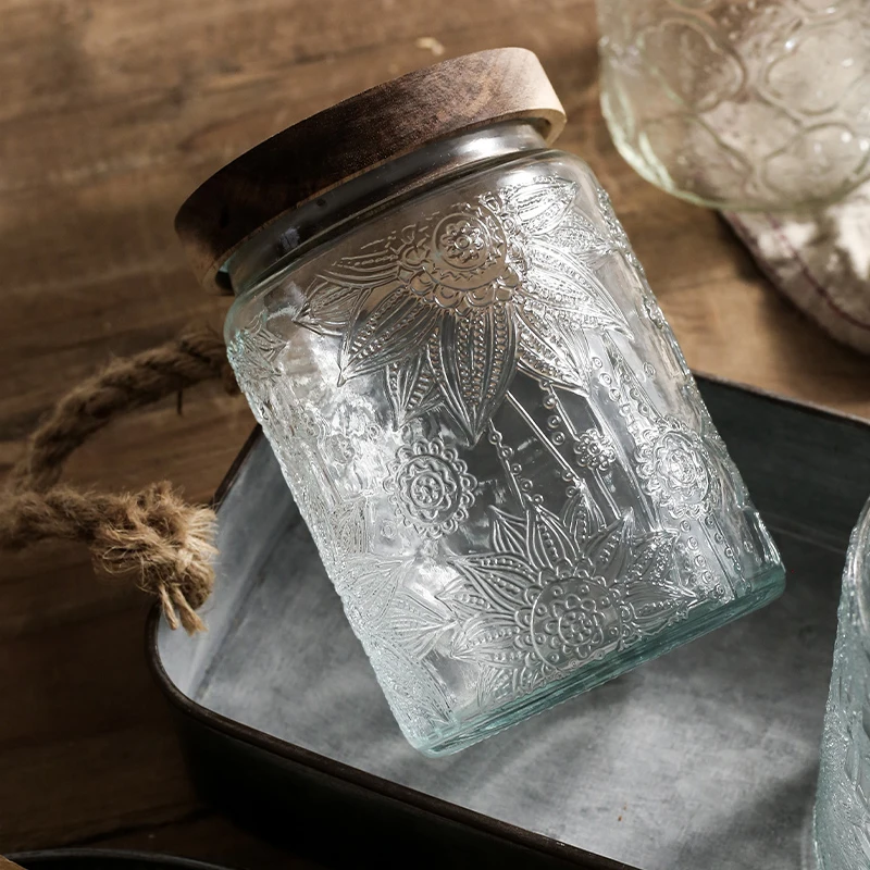 Japanese Retro Embossed Glass Sealed Jar Storage Jar Snack Dried Fruit Jar Glass Jar Kitchen Supplies Storage Jar Ornament