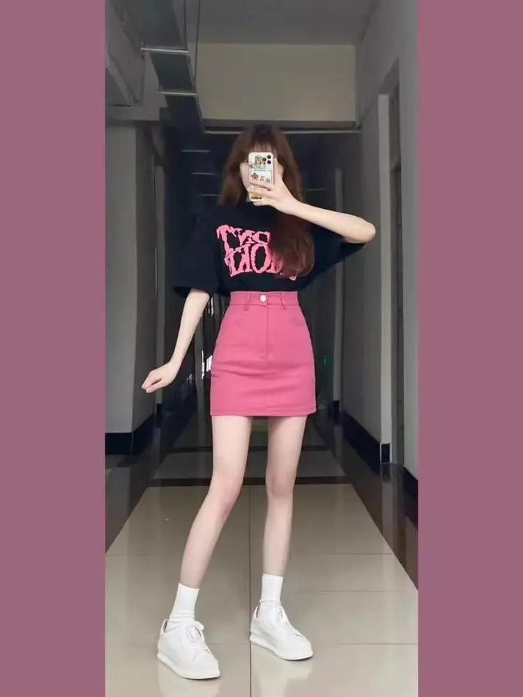 

Pink Retro High Waist Denim Skirt A-Line Slimming Versatile Summer Fashionable Women's Jeans Skirts Standard Fit Cotton ...