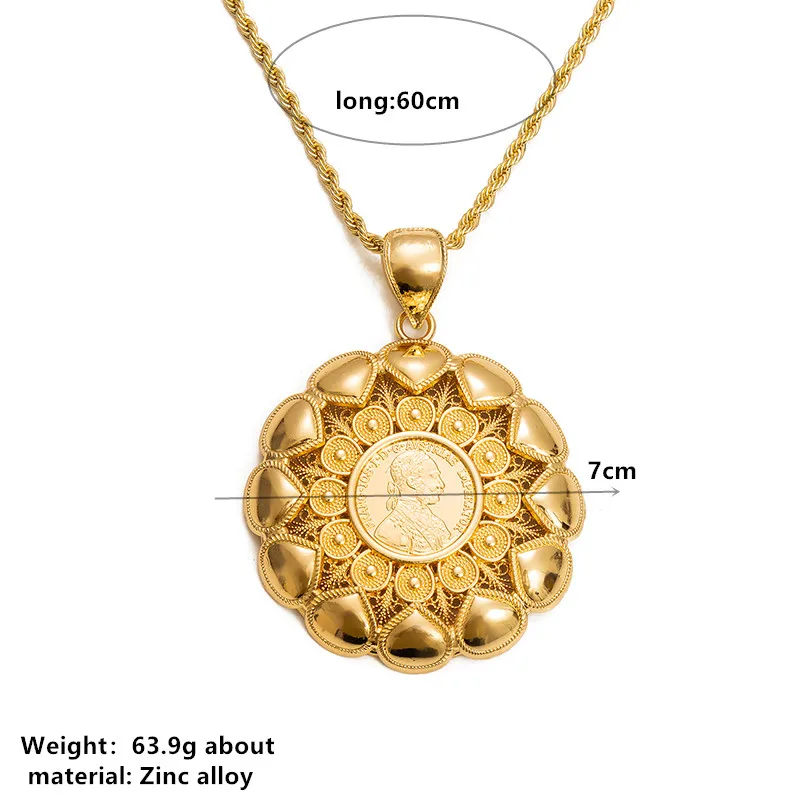 Heavy Golden Plated Arab Coin Necklace 3D Flower Shape Ethnic Pendant Dubai Bridal Jewelry Necklace for Women Party