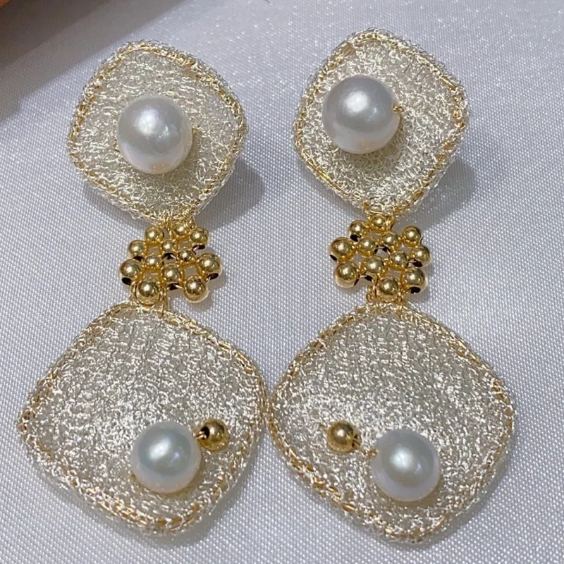 

SGARIT Trending Pearl Jewelry Italian Craftwork Lace 8-9mm 14k Filled Gold Natural Freshwater Pearl Drop Earrings Jewellery