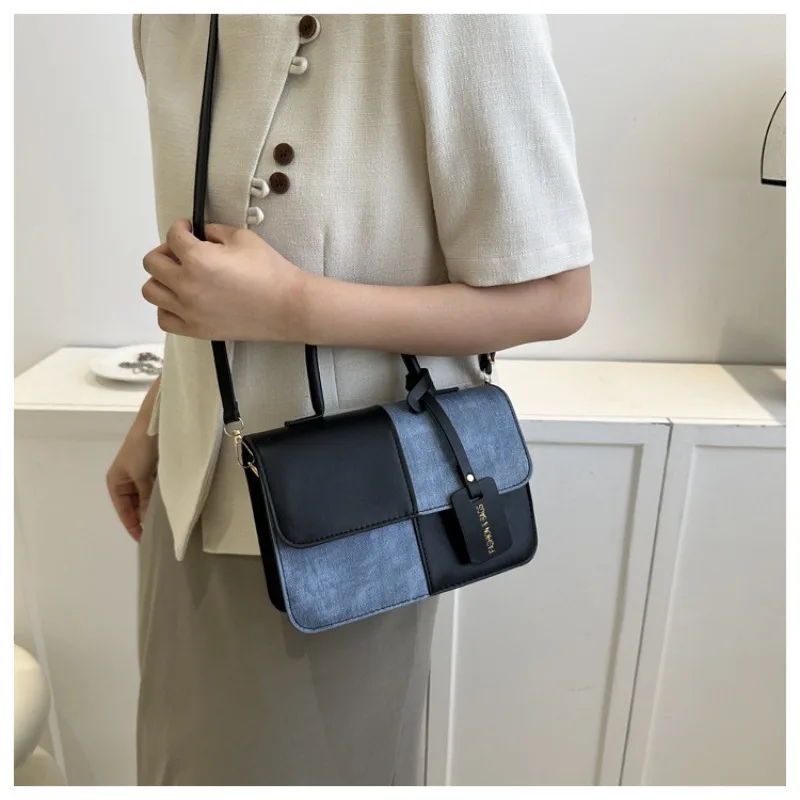 Retro color block denim patchwork PU women's bag, handbag, shoulder cross, small square bag, casual change storage bag