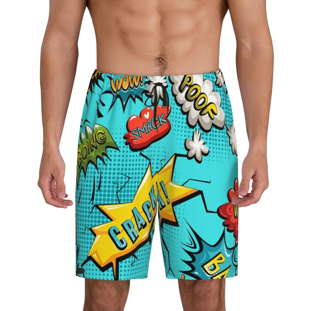 Custom Men's Superhero Cartoon Anime Pajama Shorts Comic Pop Art Explosions Pattern Sleep Pjs Sleepwear Bottoms with Pockets