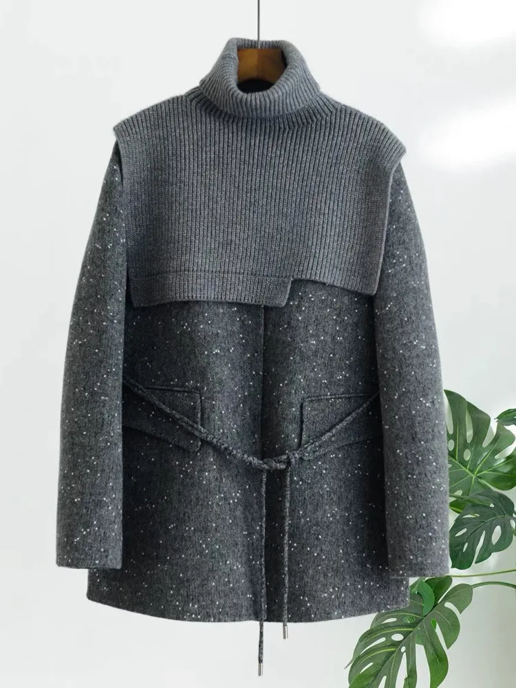 [EWQ] Korean Temperament Woolen Coat Spliced Knit Turtleneck Lace-up Design Loose Women Cashmere Outerwears 2025 Spring 16O3894