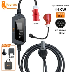 Feyree-cargador EV portátil tipo 2 para vehículo eléctrico, caja de carga trifásica EVSE, Cable de 5M con enchufe CEE, 11KW, 16A, IEC62196-2